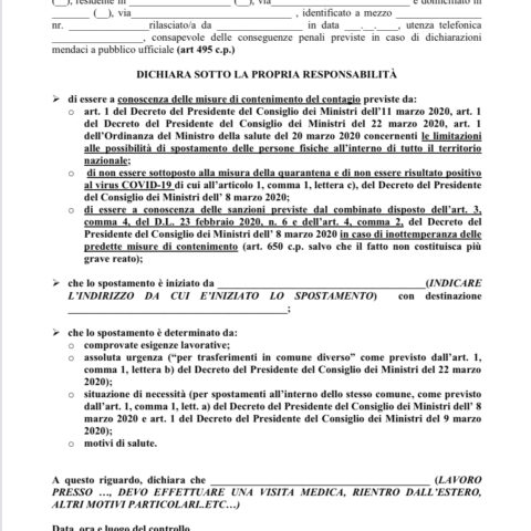 NUOVA AUTOCERTIFICAZIONE AGGIORNATA AL DPCM 22.03.2020